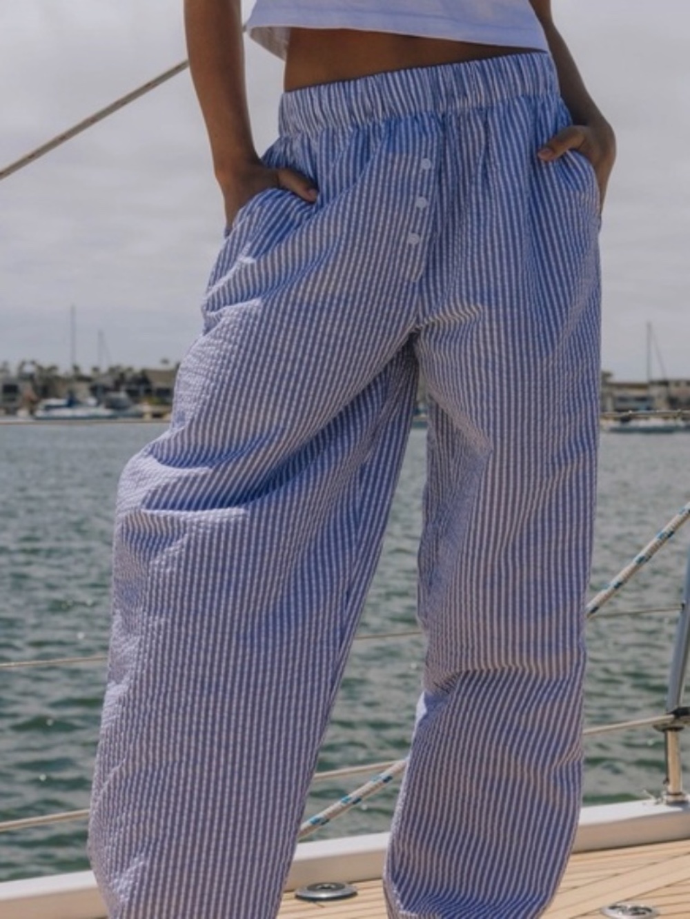 Daily Drills Seersucker Resort Pants Relaxed Straight Leg Blue White Womens S
